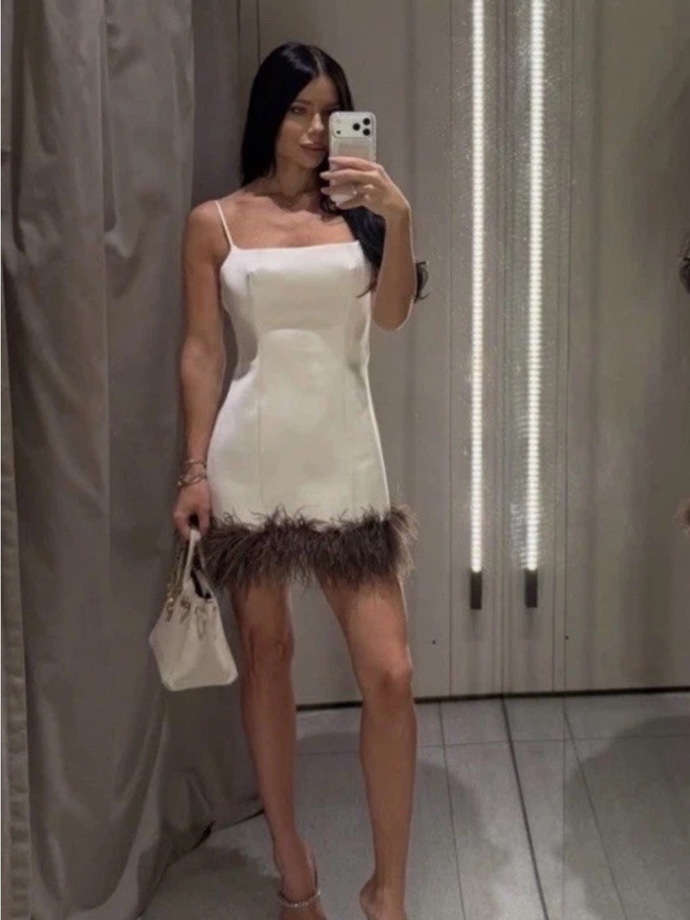 Zara White Mini Dress with Feather Trim